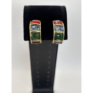 Vintage Gold Tone Enamel Multicolor Geometric Clip On Half Hoop Earrings